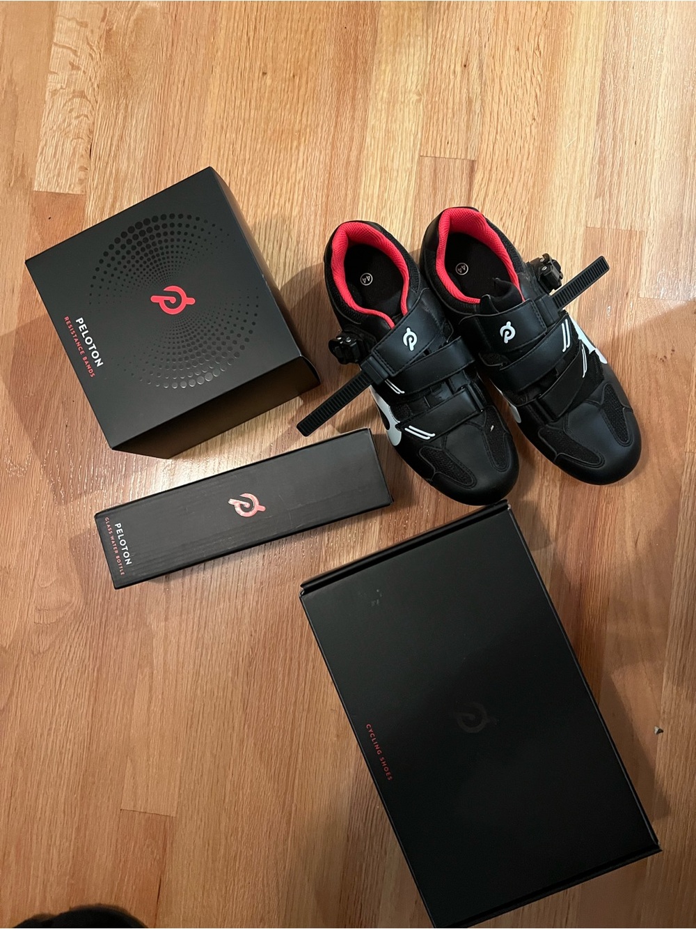 Peloton Bundle w NEW Size 44 Cycling Shoes, NEW resistance bands, water bottle